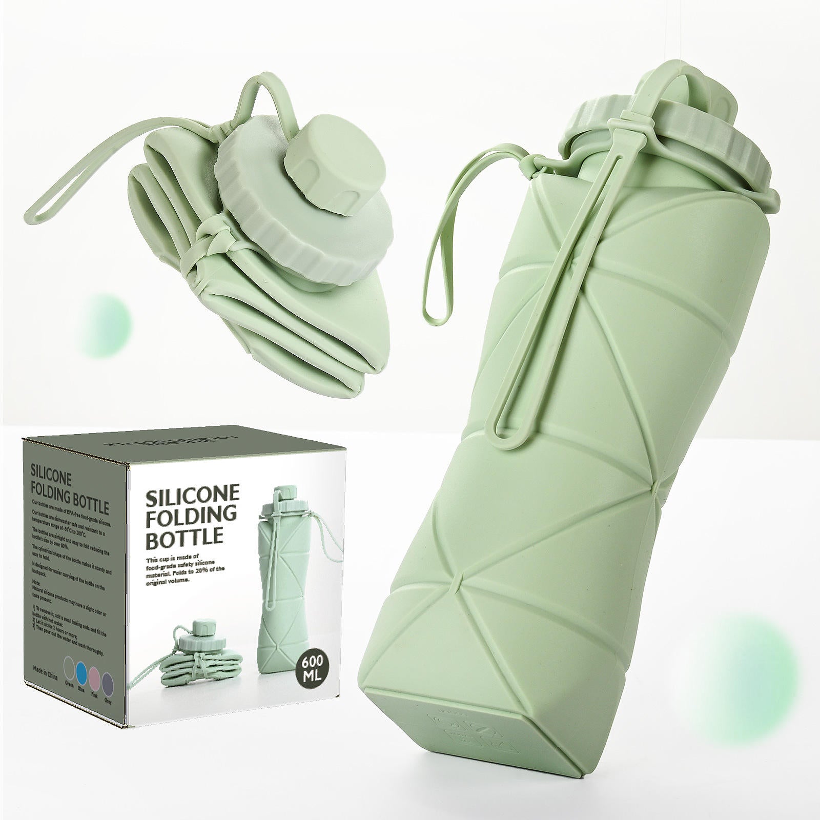 Collapsible Water Bottle 600ml - Silicone, BPA-Free, Leak-Proof Travel Bottle for Outdoor, Sports & Gym